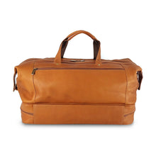 Load image into Gallery viewer, Back view of the tan leather duffle bag. The grip handles are pulled up.