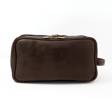 Load image into Gallery viewer, DayTrekr Leather Organizer Travel Kit - Brown
Image of Front Panel View, also showing matching leather handle grip and antique brass hardware.
Dimensions: 12" x 6" x 5"