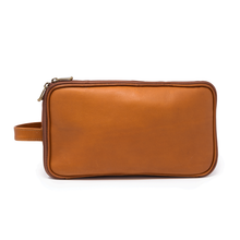 Load image into Gallery viewer, Back view of the tan leather shaving kit bag.