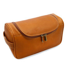 Load image into Gallery viewer, Angled view of the tan leather Shave Kit. It features a two-zipper closure.