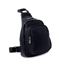 Load image into Gallery viewer, DayTrekr Leather Crossbody - Black
Image of Front Angled View of Black Leather with Gunmetal toned hardware
Dimensions: 11 x 7"