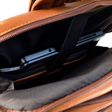 Load image into Gallery viewer, DayTrekr Leather Summit Backpack - Tan
Image of Back Panel Protected Laptop and Tablet Compartment
Dimensions: 18"h x 13"w x 7"d