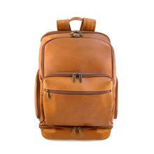 Load image into Gallery viewer, DayTrekr Leather Summit Backpack - Tan
Image of Front Panel View showing Spacious Main Compartment with U-Shaped Zippered Opening, Protected Laptop Compartment in Back, Two Side Panel Pockets and Bottom Zip Pocket. Featuring Antique Brass hardware.
Dimensions: 18"h x 13"w x 7"d