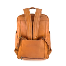 Load image into Gallery viewer, DayTrekr Leather Summit Backpack - Tan
Image of Back Panel View with Matching Leather Back Straps and convenient leather handle grip. Also includes attachment feature allowing this backpack to ride along the telescoping handle of most carry-on trolley bags.
Dimensions: 18"h x 13"w x 7"d