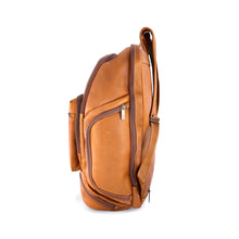 Load image into Gallery viewer, DayTrekr Leather Summit Backpack - Tan
Image of Right-Facing Side Panel showing convenient side panel zip pocket. Backpack also includes same zip pocket on Left-Facing Side (not shown in this image)
Dimensions: 18"h x 13"w x 7"d