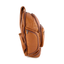 Load image into Gallery viewer, DayTrekr Leather Summit Backpack - Tan
Image of Left-Facing Side Panel showing convenient side panel zip pocket. Backpack also includes same zip pocket on Right-Facing Side (not shown in this image)
Dimensions: 18"h x 13"w x 7"d