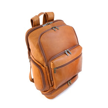 Load image into Gallery viewer, DayTrekr Leather Summit Backpack - Tan
Image of Front Angled View showing Spacious Main Compartment with U-Shaped Zippered Opening, Protected Laptop Compartment in Back, Two Side Panel Pockets and Bottom Zip Pocket
Dimensions: 18"h x 13"w x 7"d
