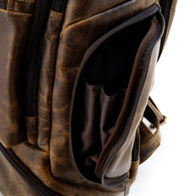 Load image into Gallery viewer, DayTrekr Distressed Leather Bombardier Backpack - Brown
Image on nylon gusset on side panel zip pockets to prevent contents from spilling out.
Dimensions: 18"h x 13"w x 7"d