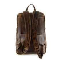 Load image into Gallery viewer, DayTrekr Distressed Leather Bombardier Backpack - Brown
Image of Back Panel View, with matching leather adjustable Back Straps
Dimensions: 18"h x 13"w x 7"d