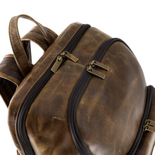 Load image into Gallery viewer, DayTrekr Distressed Leather Bombardier Backpack - Brown
Bird's Eye View of Top Panel. Also showing antique brass zipper pullers.
Dimensions: 18"h x 13"w x 7"d