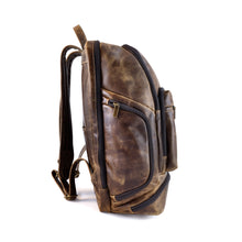 Load image into Gallery viewer, DayTrekr Distressed Leather Bombardier Backpack - Brown
Image of Left-Facing Side Panel with zippered pocket.
Dimensions: 18"h x 13"w x 7"d