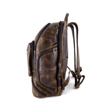 Load image into Gallery viewer, DayTrekr Distressed Leather Bombardier Backpack - Brown
Image of Right-Facing Side Panel with zippered pocket.
Dimensions: 18"h x 13"w x 7"d