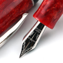 Load image into Gallery viewer, Close up to the fountain pen nib with engraved decorations and text: GARIBALDI, DELTA, 18K-750
