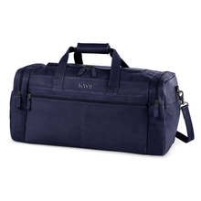 Load image into Gallery viewer, Angled front view of the black leather duffle bag.