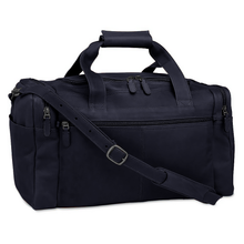 Load image into Gallery viewer, Angled front view of the black leather duffle bag.