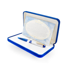 Load image into Gallery viewer, The fountain pen arranged in the blue presentation box with a printed certificate.