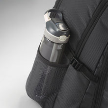 Load image into Gallery viewer, Close up to a water bottle in the backpack's side pocket.