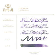 Load image into Gallery viewer, Writing sample with the Joker color ink using a fine, medium, and glass dip fountain pen along two different swatches. It is a deep purple with green sheen