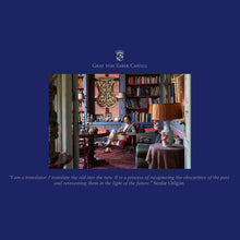 Load image into Gallery viewer, On a royal blue background, the Graf von Faber-Castell logo is shown. Underneath, an image of a man sitting in a decorated room with chairs, books, a red carpet, lamps, and tables. The image description: "I am a translator. I translate the old into the new. It is a process of recapturing the obscurities of the past and reinventing them in the light of the future." It is a quote by Serdar Gülgün"