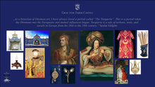 Load image into Gallery viewer, On a royal blue colored background: The top shows the Graf von Faber-Castell. A quote by Serdar Gülgün follows: "As a historian of Ottoman art, I have always loved a period called 'The Turquerie'. This is a period when the Ottomans met the Europeans and mutual influences began. Turquerie is a tale of turbans, tents, and tassels in Europe from the 1th century". Underneath the text is an arrangement of different paintings depicting portraits of the era's people, images of clothes, and decorations.