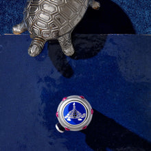 Load image into Gallery viewer, A birds-eye view shows the top of the cap, with a figure of a turtle placed next to it on a blue background.
