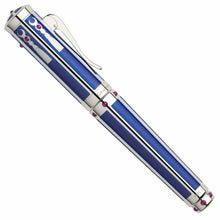 Load image into Gallery viewer, On a white background: The Fountain Pen is set on the side with its cap on. The barrel has a blue guilloche design, and it has metal trims plated in highly-polished platinum. The barrel and cap are decorated with a total of 18 synthetic rubies, 1.1 mm in height, and 2.2 mm in diameter.