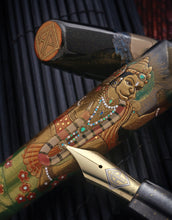 Load image into Gallery viewer, Close ups to different sections of the pen. The top one shows the AP Logo painted at the top of the cap. 
Underneath, a close up to the Hanuman painting. The bottom shows a close up to the fountain pen nib.