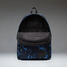 Load image into Gallery viewer, Front panel view of the blue toned Cheetah Camo Pattern backpack with the front compartment opened. It features black fabric for the interior lining.