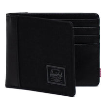 Load image into Gallery viewer, Angled front view of the black black tonal wallet, partly opened.