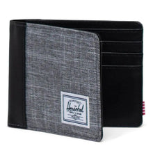 Load image into Gallery viewer, Front view of the Raven Crosshatch Hank wallet, partly opened.