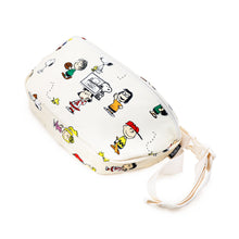 Load image into Gallery viewer, Angled view of the Snoopy pattern hip pack laid on the back panel on a white background.