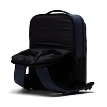 Load image into Gallery viewer, Angled back panel view of the Mood Indigo Kaslon backpack with the laptop compartment unzipped.