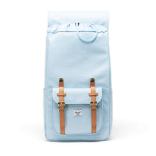 Load image into Gallery viewer, Front view of the bluebell crosshatch backpack with the top lid flipped back.