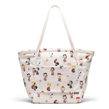Load image into Gallery viewer, Back panel view of the White cap gray tote bag with snoopy pattern.