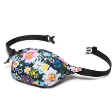 Load image into Gallery viewer, Angled view of the floral hip pack with the adjustable straps detached.