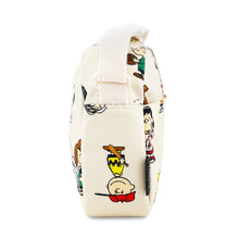 Load image into Gallery viewer, Side panel view of the Peanuts crossbody bag. The adjustable strap is folded and resting at the top.