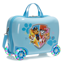 Load image into Gallery viewer, Angled view of the blue Paw Patrol wheeled suitcase for children.