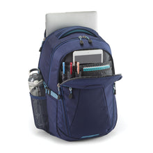 Load image into Gallery viewer, Angled front view of the blue backpack with the compartments opened. Stationery, electronics, and a water bottle are organized inside.