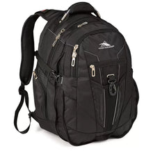 Load image into Gallery viewer, Angled front panel view of the black backpack with multiple compartments.