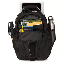Load image into Gallery viewer, Front panel view of the black backpack with stationery, travel accessories, electronics, and an umbrella in the pockets.