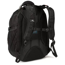 Load image into Gallery viewer, Angled back panel view of the black backpack.