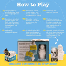 Load image into Gallery viewer, I'm a Poet Game Instructions: Roll dice, read and guess the riddle. If correct, they win the card. The first person to put the clues together must first grab the bust. The first to collect three game cards with the image of Willy Shakes wins!