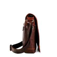 Load image into Gallery viewer, Side panel view of the brown leather messenger bag.