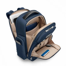 Load image into Gallery viewer, Briggs & Riley @Work Medium Cargo Backpack in Navy
Image of Front Panel View showing front, center and back panel organizer compartments.
Dimensions: 17.5 x 15 x 8 in / 44.55 x 38.1 x 20.3 cm