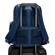 Load image into Gallery viewer, Briggs & Riley @Work Medium Widemouth Backpack in Navy
Image of Back Panel View showing attachment feature, which allows this backpack to ride along the telescoping handles of your trolley carry-on bag.
Dimensions: 17 x 14.5 x 8 in / 43.2 x 36.8 x 20.3 cm