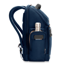 Load image into Gallery viewer, Briggs & Riley @Work Medium Widemouth Backpack in Navy
Image of Side Panel View with Hydration Pocket, ideal for water bottle or Travel Thermos.
Dimensions: 17 x 14.5 x 8 in / 43.2 x 36.8 x 20.3 cm