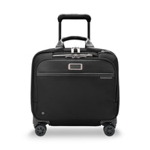 Load image into Gallery viewer, Front panel view of the black medium spinner brief. It features two zipper-closing pockets and a small leather embossing plate.