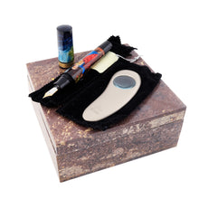 Load image into Gallery viewer, The fountain pen and cap arranged on top of the presentation box with the magnifying glass and felt fabric sleeves.