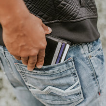 Load image into Gallery viewer, A man placing the card case with credit cards inside his pocket.