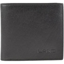 Load image into Gallery viewer, Front view of the black leather wallet with embossed LAND logo.
